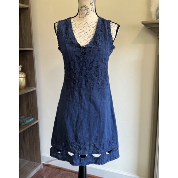 Peru Navy Blue V-Neck Boho Sleeveless Cotton Mini Dress Small Navy Coastal Casua - Picture 1 of 11